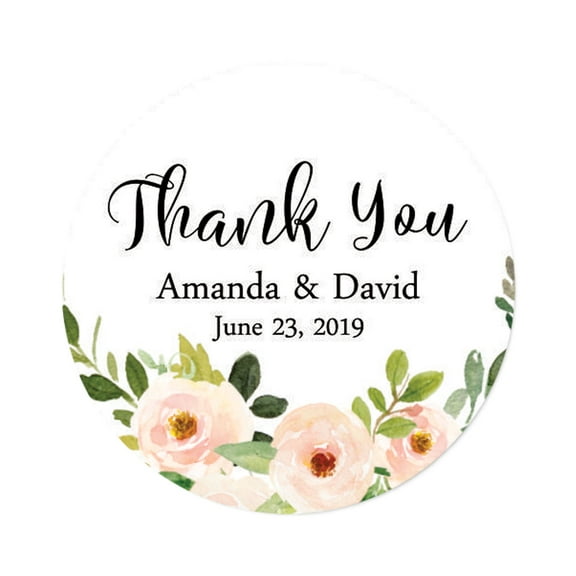 Darling Souvenir Round 45 Pcs Peony Floral Thank You Stickers Personalized Bride Groom Names And Date Envelope Seals-White