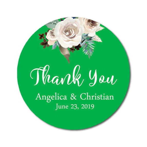 Darling Souvenir Round 45 Pcs Rose Floral Thank You Stickers Personalized Bride Groom Names And Date Envelope Seals-Green
