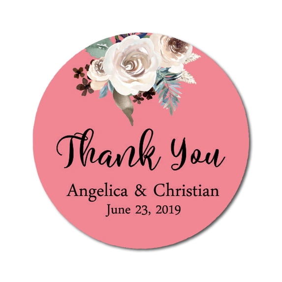 Darling Souvenir Round 45 Pcs Rose Floral Thank You Stickers Personalized Bride Groom Names And Date Envelope Seals-Peach