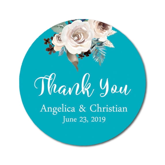 Darling Souvenir Round 45 Pcs Rose Floral Thank You Stickers Personalized Bride Groom Names And Date Envelope Seals-Turquoise Blue