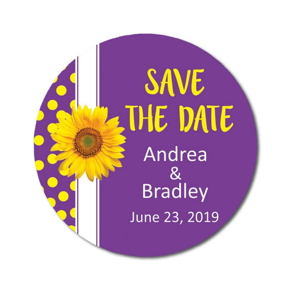 Darling Souvenir Round 45 Pcs Sunflower Save The Date Stickers Wedding Personalized Bride Groom Names And Date Envelope Seals - Violet