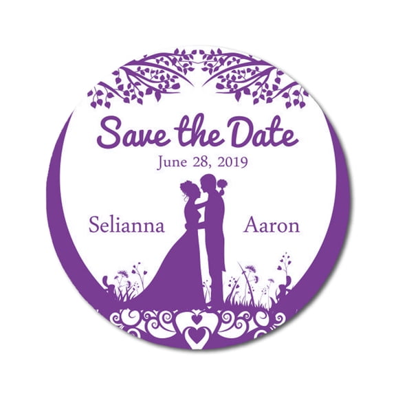 Darling Souvenir Round 45 Pcs Wedding Couple Save The Date Stickers Personalized Bride Groom Names And Date Envelope Seals - Violet