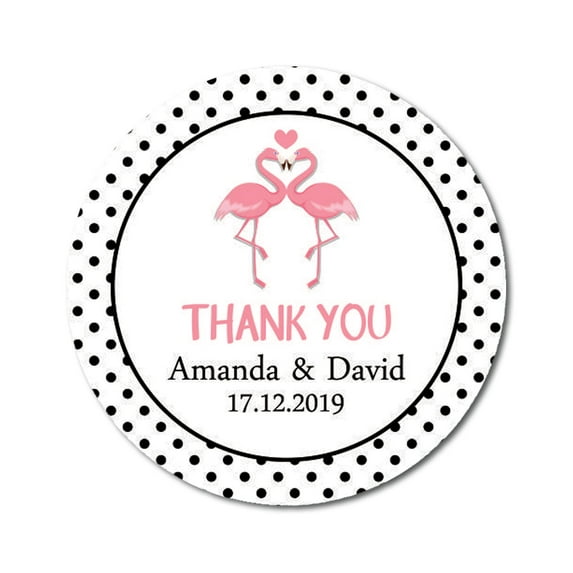 Darling Souvenir Round 45 Pieces Flamingo Love Thank You Stickers Personalized Bride Groom Names And Date Envelope Seals-Black