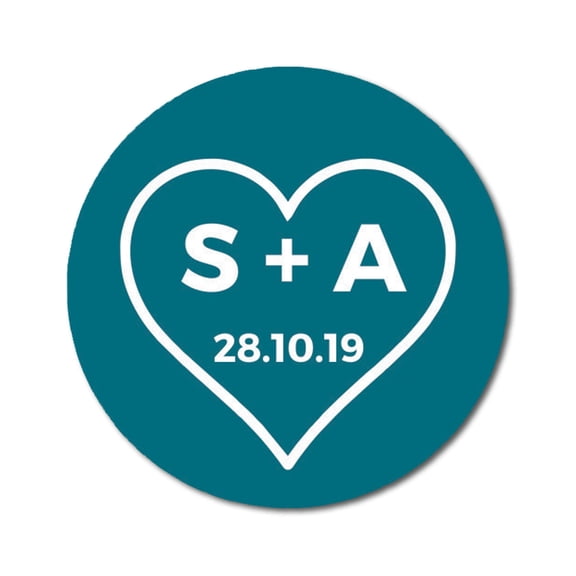 Darling Souvenir Round 45 Pieces Heart Save The Date Stickers Personalized Bride Groom Initials And Date Envelope Seals - Teal Blue