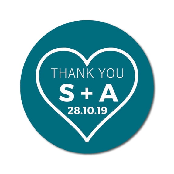 Darling Souvenir Round 45 Pieces Heart Thank You Stickers Personalized Bride Groom Initials And Date Envelope Seals-Teal Blue