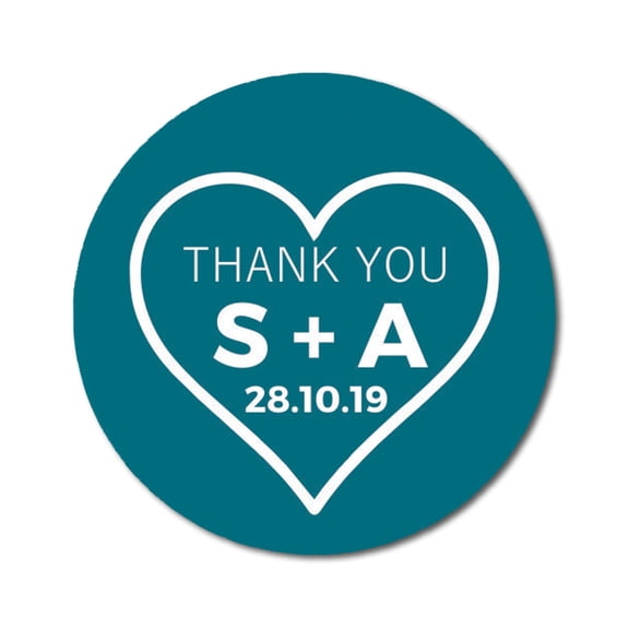 Darling Souvenir Round 45 Pieces Heart Thank You Stickers Personalized Bride Groom Initials And Date Envelope Seals-Teal Blue