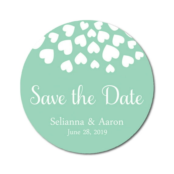 Darling Souvenir Round 45 Pieces Hearts Save The Date Stickers Wedding Personalized Bride Groom Names And Date Envelope Seals - Mint
