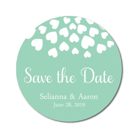 Darling Souvenir Round 45 Pieces Hearts Save The Date Stickers Wedding Personalized Bride Groom Names And Date Envelope Seals - Mint