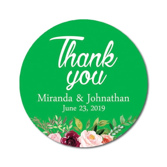 Darling Souvenir Round 45 Pieces Peony Floral Thank You Stickers Personalized Bride Groom Names And Date Envelope Seals-Green