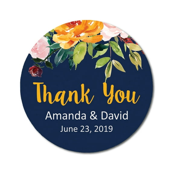 Darling Souvenir Round 45 Pieces Rose Floral Thank You Stickers Personalized Bride Groom Names And Date Envelope Seals-Navy Blue