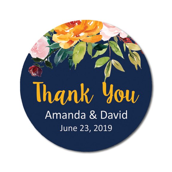 Darling Souvenir Round 45 Pieces Rose Floral Thank You Stickers Personalized Bride Groom Names And Date Envelope Seals-Navy Blue