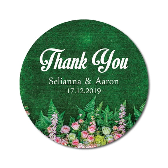Darling Souvenir Round Rose Floral & Leaf Thank You Stickers Personalized Bride Groom Names And Date Envelope Seals-45 Pieces