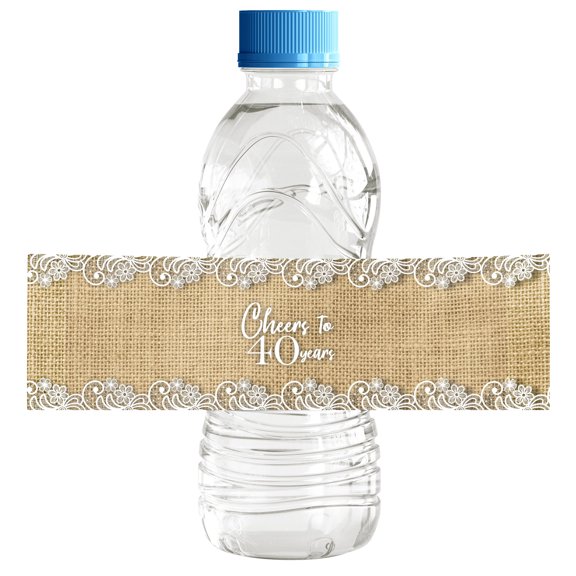 Darling Souvenir Rustic Burlap WaterBottleLabels Self Adhesive Party Collection Cheers To 40WaterBottleStickers Great For Wedding, Birthday, Anniversary Party- Pack Of 32