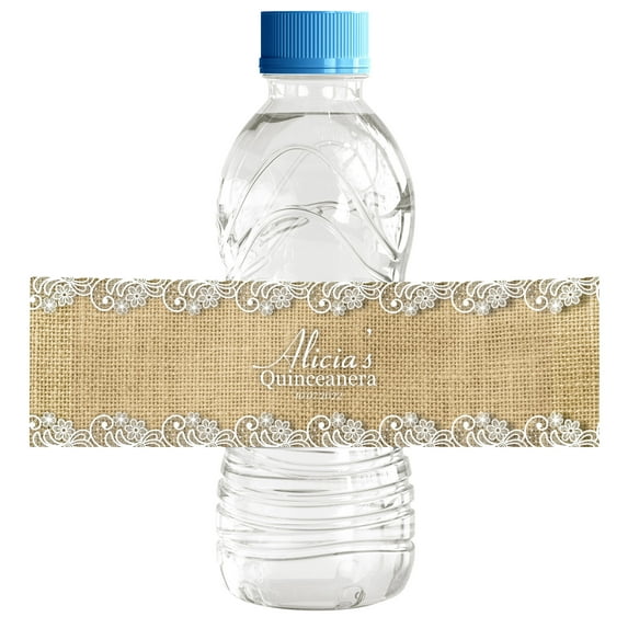 Darling Souvenir Rustic Burlap WaterBottleLabels Self Adhesive Quinceanera Sweet 15 Birthday PartyWaterBottleLabelFor Birthday Party SuppliesWaterBottleStickers For Birthday- Pack Of 32