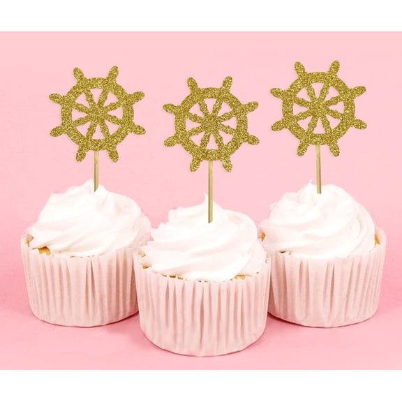 Darling Souvenir, Ship Wheel Cupcake Toppers, Beach Wedding Party Dessert Decorations - Pack Of 20