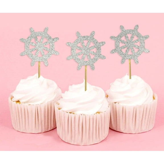 Darling Souvenir, Ship Wheel Cupcake Toppers, Beach Wedding Party Dessert Decorations - Pack Of 20