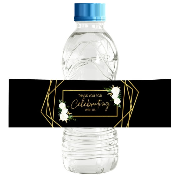 Darling Souvenir WaterBottleLabels Black With Floral Self Adhesive Party Supplies Thank You Celebrating With Us Stickers ForWaterBottleGreat For Wedding, Birthday, Engagement Party-Pack Of 32