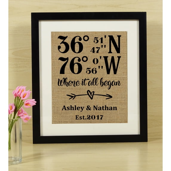 Darling Souvenir “Where it all began†Burlap Print Coordinates Address Personalized Anniversary Wedding Gift-Burlap Print with Frame(8 x 10 Inches)