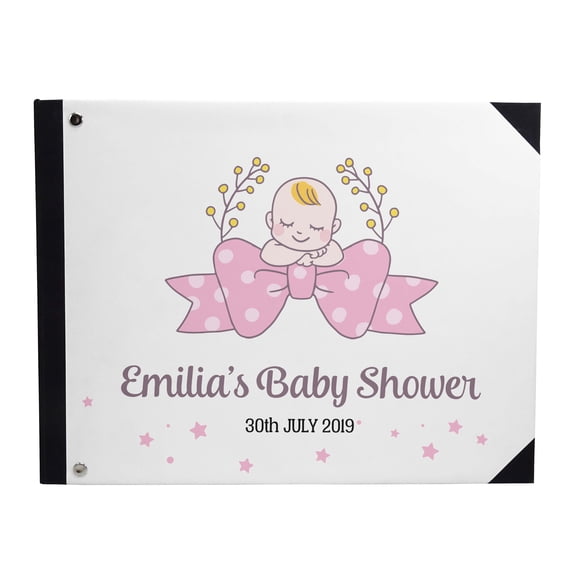 Darling Souvenir White Baby & Bow Tie Baby Shower&nbsp;Guestbook&nbsp;Hardbound Cover Personalized Printed Memory&nbsp;Guest&nbsp;Registry-9 x 12 Inches