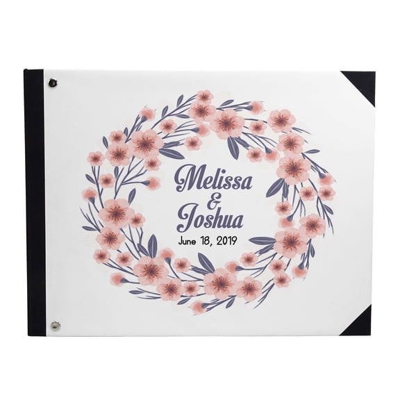 Darling Souvenir White Floral Wreath Wedding Guestbook Hardbound Cover Printed Anniversary Wedding Guest Registry-9 x 12 Inches