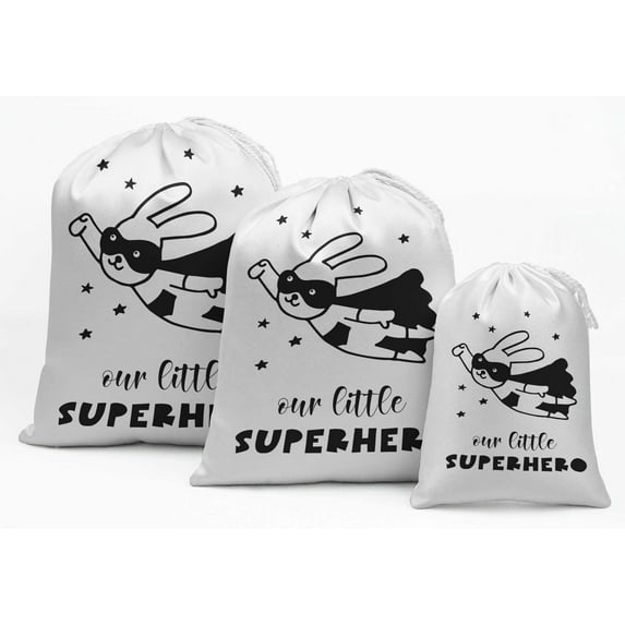 Darling Souvenir White Our Little Superhero Birthday Party Supplies Favor Bags Drawstring Pouches 15 Pieces