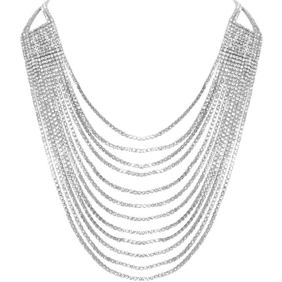 Darling Waterfall Bib Necklace Multi-Strand Chain CZ Simulated Diamond Collar, Silver-Tone, Hypoallergenic