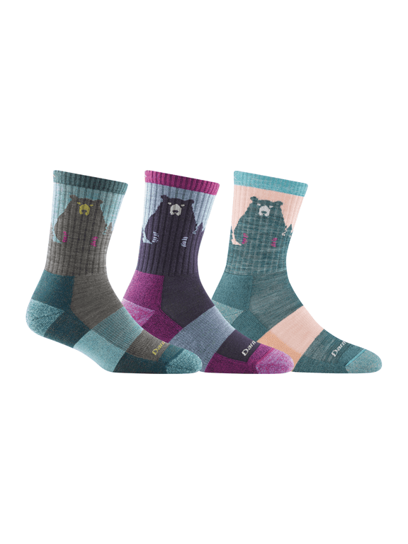 Darn Tough Women's Bear Town Micro Crew Lightweight with Cushion, Medium, Quartz, Purple, Aqua (Variety Pack)