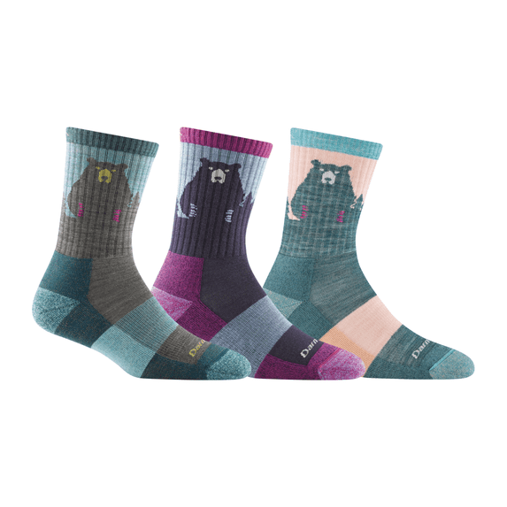 Darn Tough Women's Bear Town Micro Crew Lightweight with Cushion, Medium, Quartz, Purple, Aqua (Variety Pack)