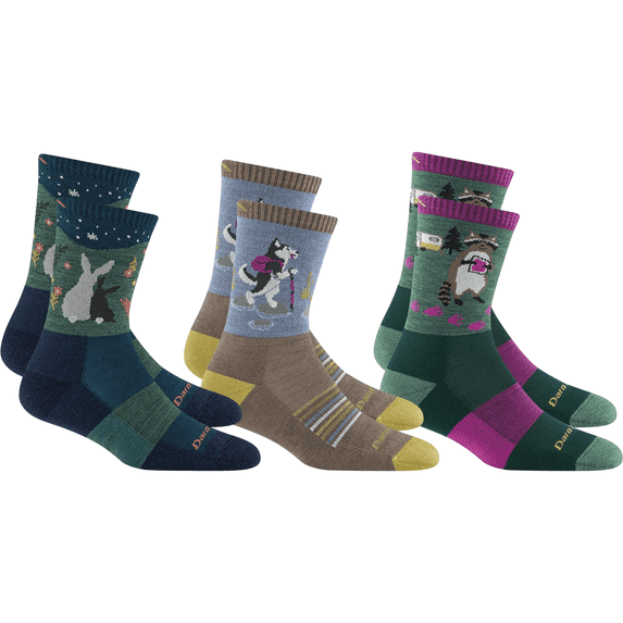 Darn Tough Women's Critter Club Micro Crew Lightweight with Cushion, Moss, Bark, & Eclipse, Medium (Variety Pack)