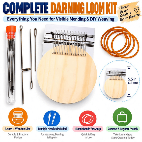 Darning Kit, 21-Needle Knit Patch Repair Tool, Mini Darning Loom for Beginners to Mend Holes, Tears and Worn Fabric in Clothes, Bags and Other Textiles