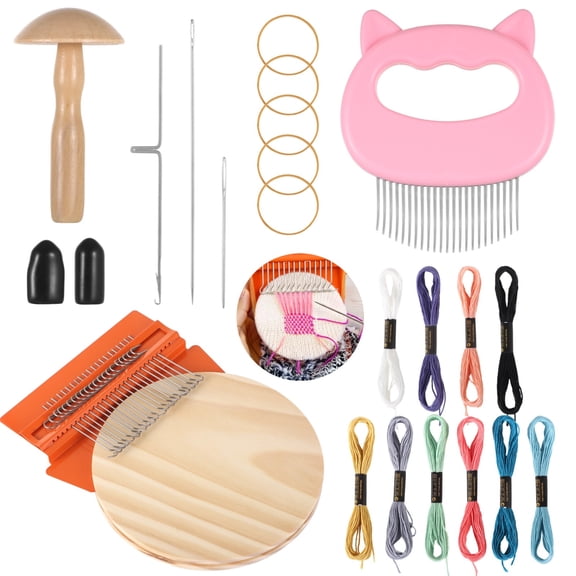 Darning Loom Kit, 21 Hooks Mini Wood Weaving Device with Darning Egg, Comb, and Mushroom Set for Mending, Small Weaving Machine Tool for Novices, Stitch Enthusiasts