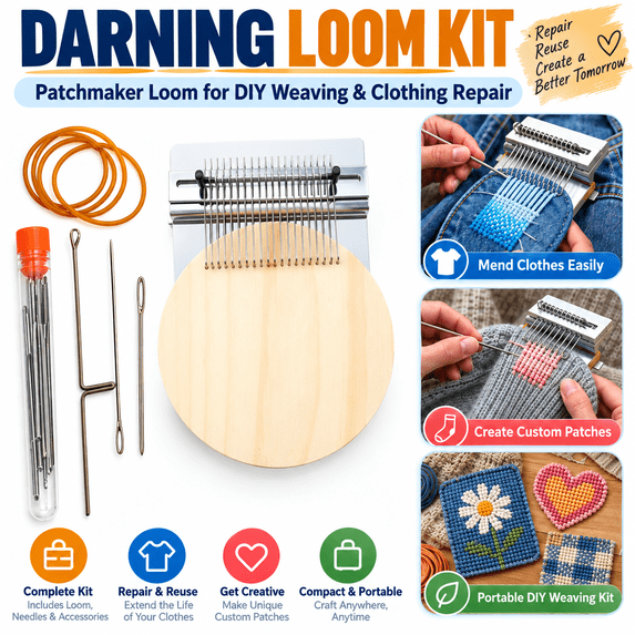 Darning Loom Kit, Patchmaker Loom for DIY Weaving Arts, Portable Sewing Kit for Mending Clothes and Creating Custom Patches(21 Needles)