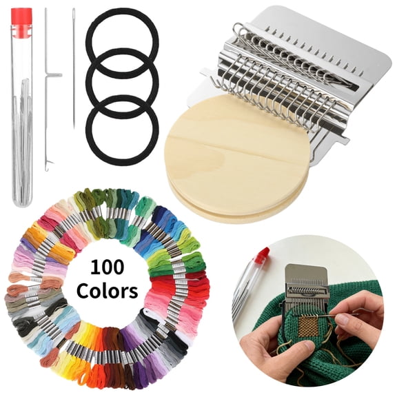 Darning Loom for Mending, 14 Hooks Small Weaving Loom Kit, Knit Patch Tool Set with 100 Colors Embroidery Thread, Metal Mending Machine for Clothing Socks Jeans, Manual DIY Sewing Craft Tool