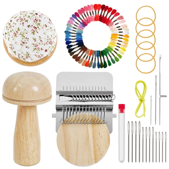 Darning Loom,Mushroom Knit Patch Kit with 14 Hooks 9 PCS Large Eye Needles 50 Color Threads for Handcraft DIY Weaving Repair Tool Darning Kit for Beginners Mending Jeans Socks