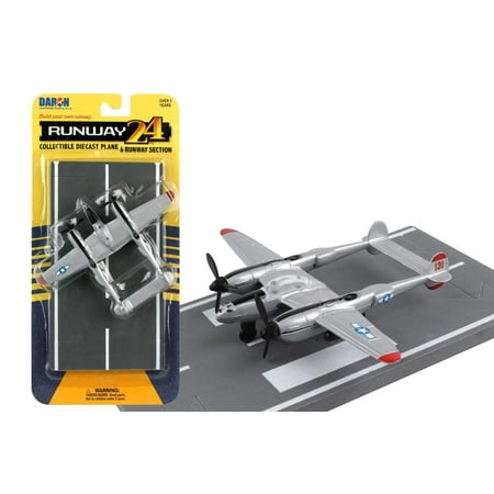 Lockheed P-38J Lightning Fighter Aircraft Silver Met "US Army Air Force" w/Runway Section Diecast Model Airplane by Runway24