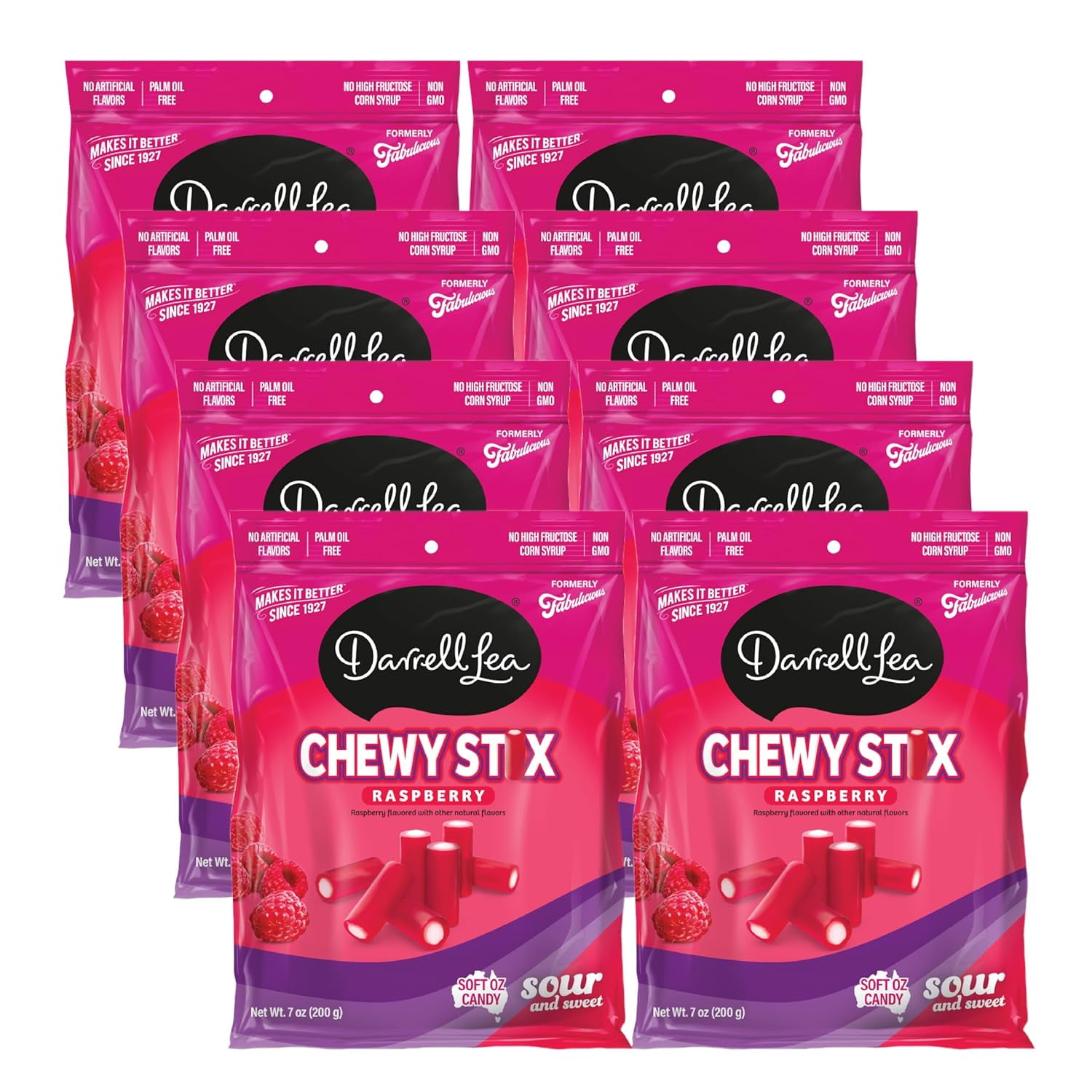 Darrell Lea Fabulicious Raspberry Sour Candy Stix, 7 Ounce (Pack of 8) | Soft and Tangy, No Artificial Flavors, Palm Oil Free, Made in Australia, Shareable