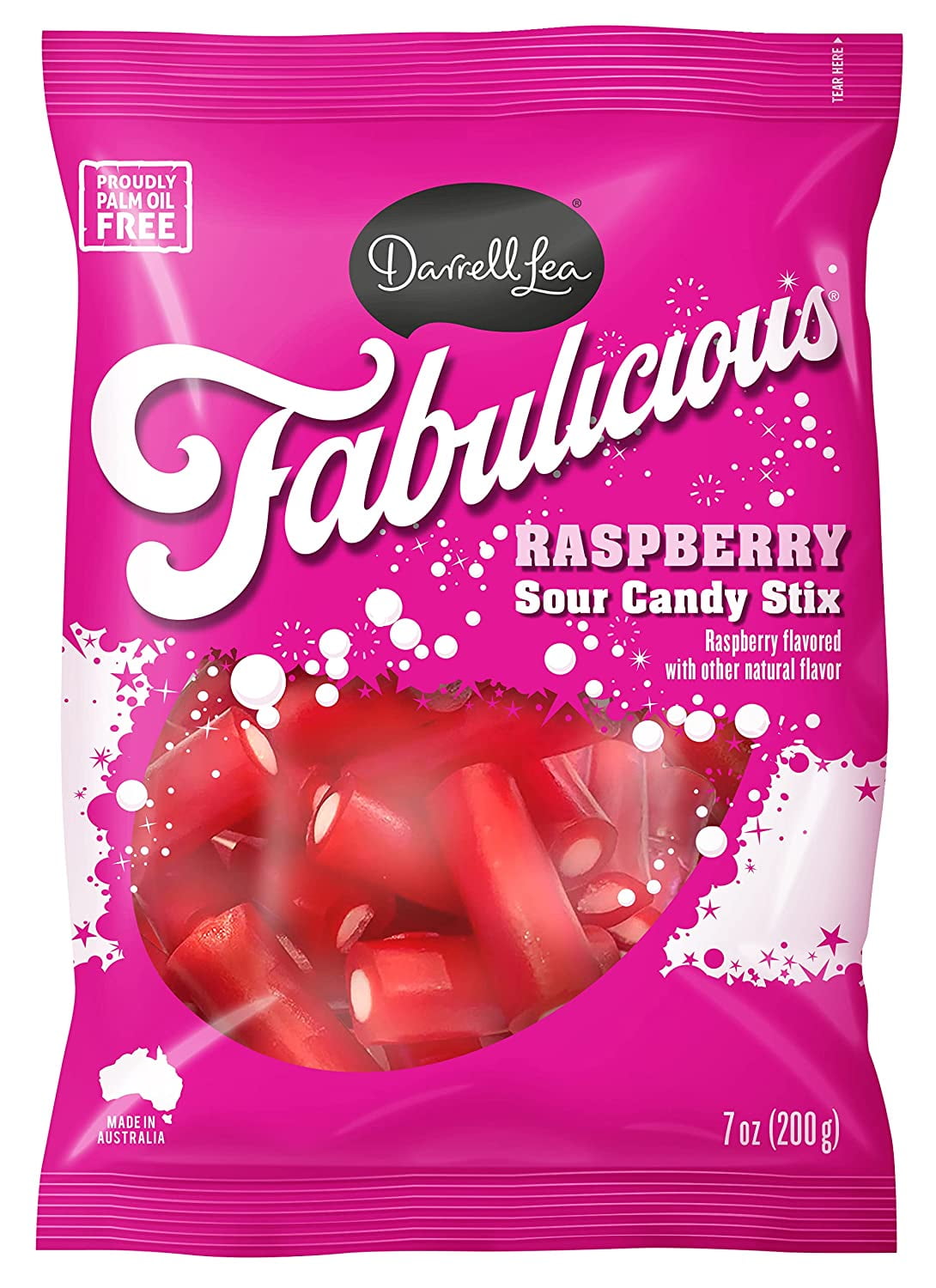 Darrell Lea Fabulicious Raspberry Sour Candy Stix 7oz Bag (Pack of 1) - PALM OIL FREE