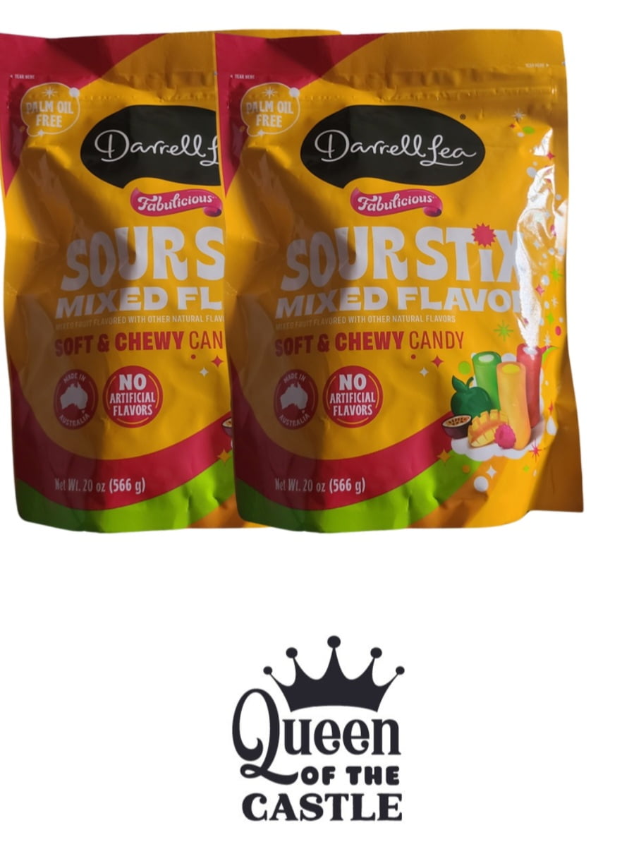 Darrell Lea ~ Soft AUSTRALIAN LICORICE- Sour Stix- Mixed Flavor- Rasperry-Green Apple and Tropical Soft and Chewy Candy- 20 oz Bag- 2 Pack with Queen of the Castle Gift Tag