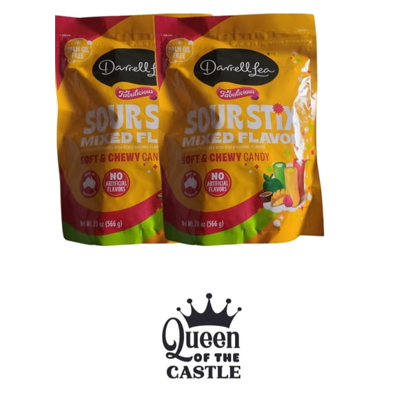 Darrell Lea ~ Soft AUSTRALIAN LICORICE- Sour Stix- Mixed Flavor- Rasperry-Green Apple and Tropical Soft and Chewy Candy- 20 oz Bag- 2 Pack with Queen of the Castle Gift Tag