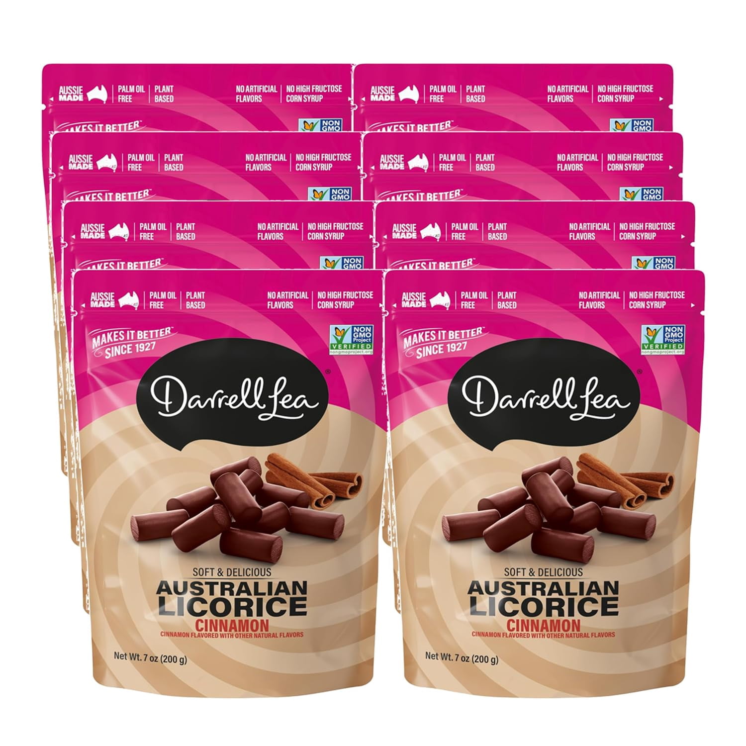 Darrell Lea Soft Australian Licorice, Non-GMO, No Palm Oil, Plant Based, No High Fructose Corn Syrup, Soft & Chewy Licorice Candy, Made in Australia, Cinnamon (7 Ounce (Pack of 8))