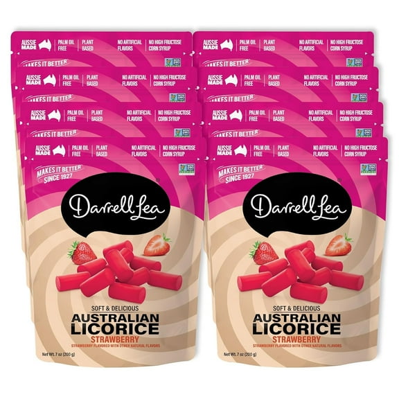 Darrell Lea Soft Australian Licorice, Non-GMO, No Palm Oil, Plant Based, No High Fructose Corn Syrup, Soft & Chewy, Made in Australia, Strawberry, 7 OZ (Pack of 8)