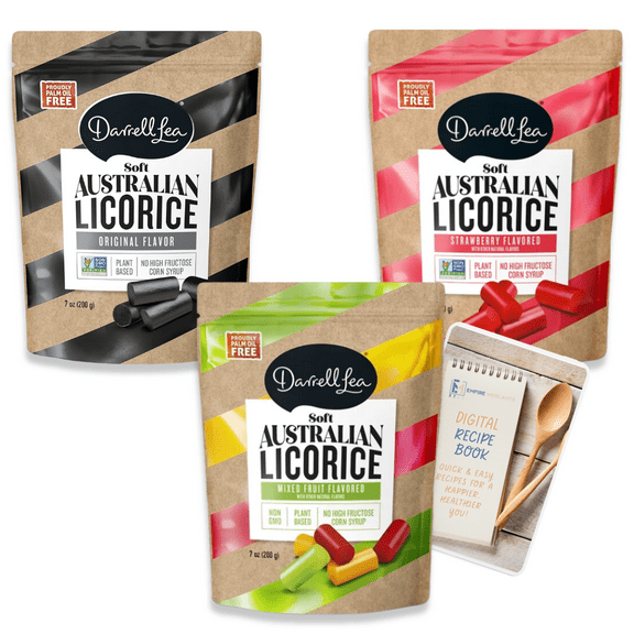 Darrell Lea Soft Australian Licorice Variety Pack of 3 with Empire Mercante Digital Recipe Book, 1 of each (Original Black Licorice, Strawberry Licorice, Mixed Fruit Licorice) 21 oz total, Non-GMO