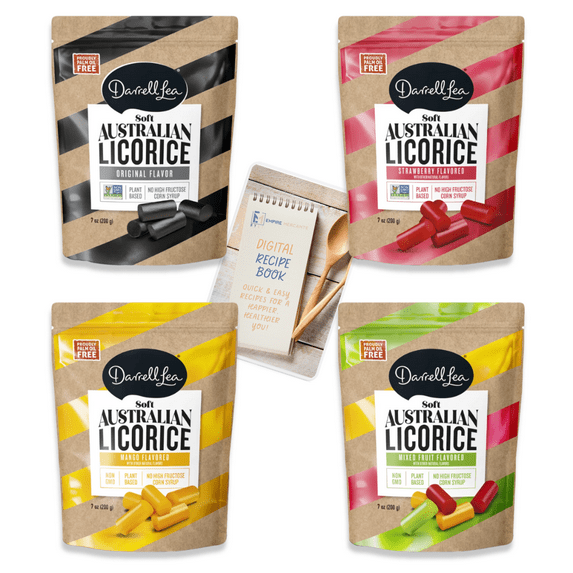 Darrell Lea Soft Australian Licorice Variety Pack of 4 with Empire Mercante Digital Recipe Book,1 of each (Original Black Licorice,Strawberry Licorice,Mixed Fruit Licorice,Mango Licorice) 28 oz total
