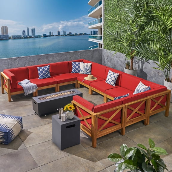 Noble House Comores 10 Seater U-Shaped Sectional Sofa Set Teak Red/Dark Gray