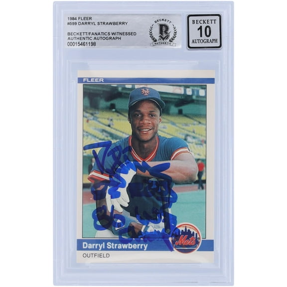Darryl Strawberry New York Mets Autographed 1984 Fleer #599 Beckett Fanatics Witnessed Authenticated 10 Rookie Card with "83 ROY, 86 WS Champs" Inscription - Fanatics Authentic Certified