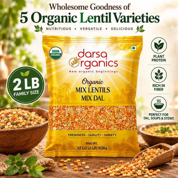 Darsa Organics Superfood Red Lentils Mix, Dry, 2 lb Bag, Panchratna Dal, USDA Organic, Non-GMO, Kosher