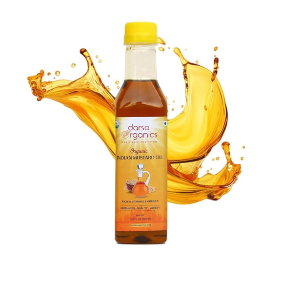 Darsa Organics Cold-Pressed Mustard Oil 16.9 oz (500ml), USDA Organic, Rich in Vitamin E & Omega-3, Great for Hair & Skin Care, Natural Massage & Remedies