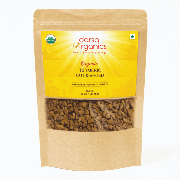 Darsa Organics Turmeric Root Cut & Sifted, 16 oz - USDA Organic Turmeric Root, Non-GMO, Vegan, Haldi for Herbal Tea, Curcumin Immunity Booster, Kosher, Raw Turmeric Root Fresh