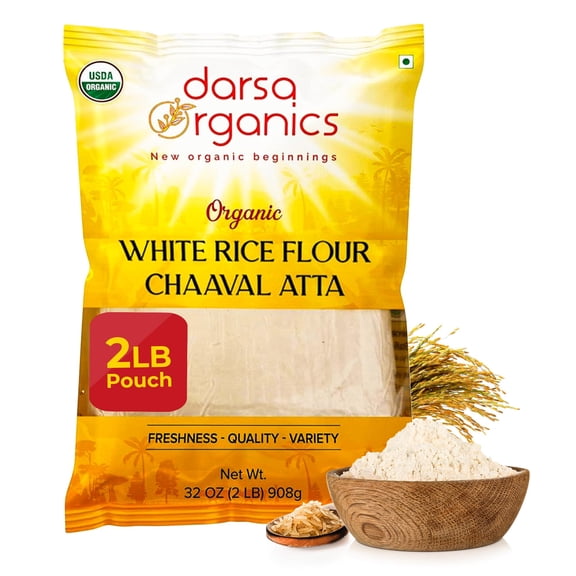 Darsa Organics White Rice GGA1 Flour - Premium Organic, USDA Certified, Non-GMO, Gluten-Free Rice Flour Powder for Baking & Cooking, Chemical-Free, Long Shelf Life, Food Grade Pouch - 2 lb (908g)