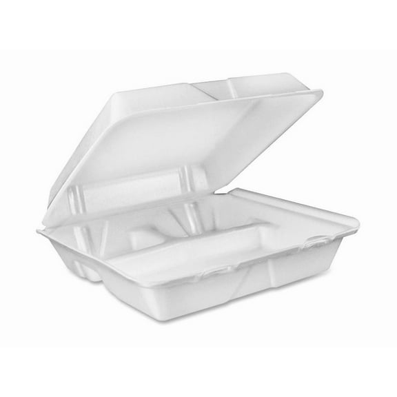 Dart 3-Compartment Large Foam Take-Out Container, 9"x9", White (100 Pack)
